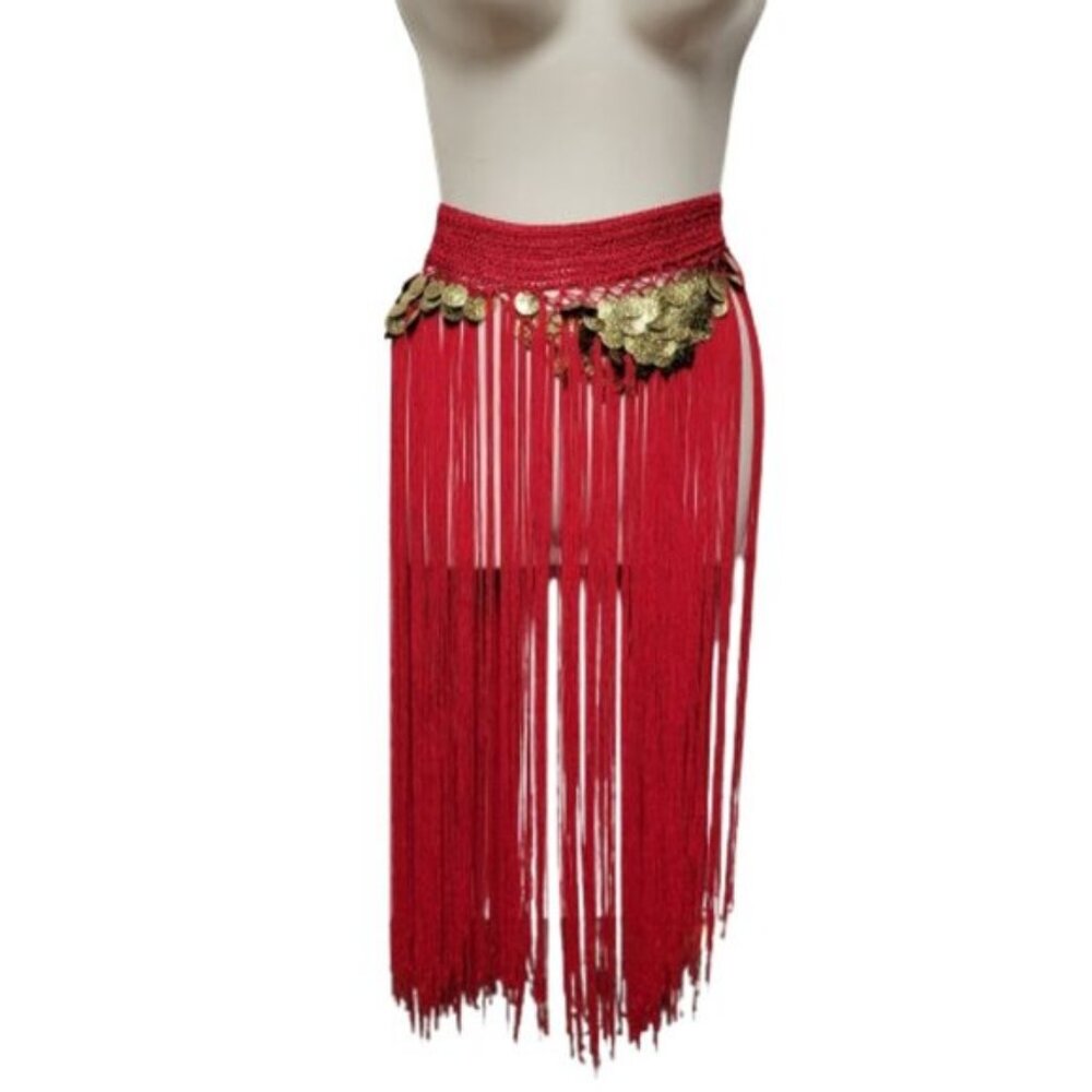 Hip Skirt Belly Dance Tassels Fringe Skirt Bellydance Coins and Fringe Hip Scarf - Picture 8 of 14